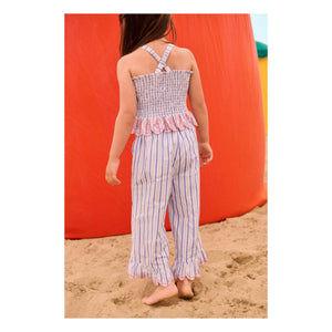 Louise Misha - Gestreifte Popeline Bio-Baumwoll-Loukini-Hose mit Rüschen | Blau