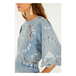 Farm Rio - Richelieux Bluse | Jeansblau