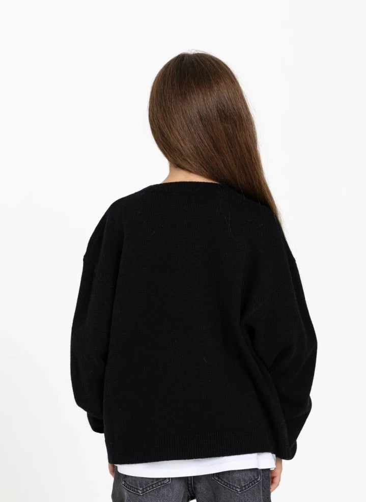 Finger in der Nase - Sally Schwarze Katze Merino Wollpullover | Schwarz