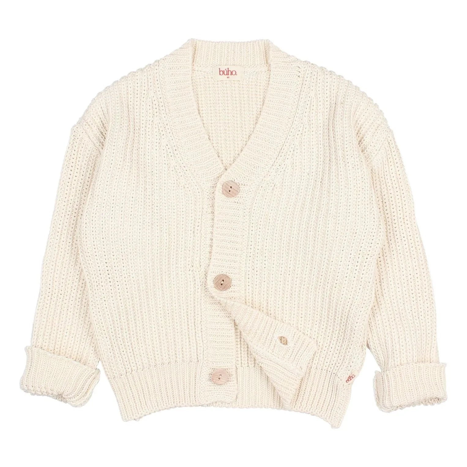 Búho - Bio-Baumwoll-Cardigan mit V-Ausschnitt und Rippstrick | Ecru