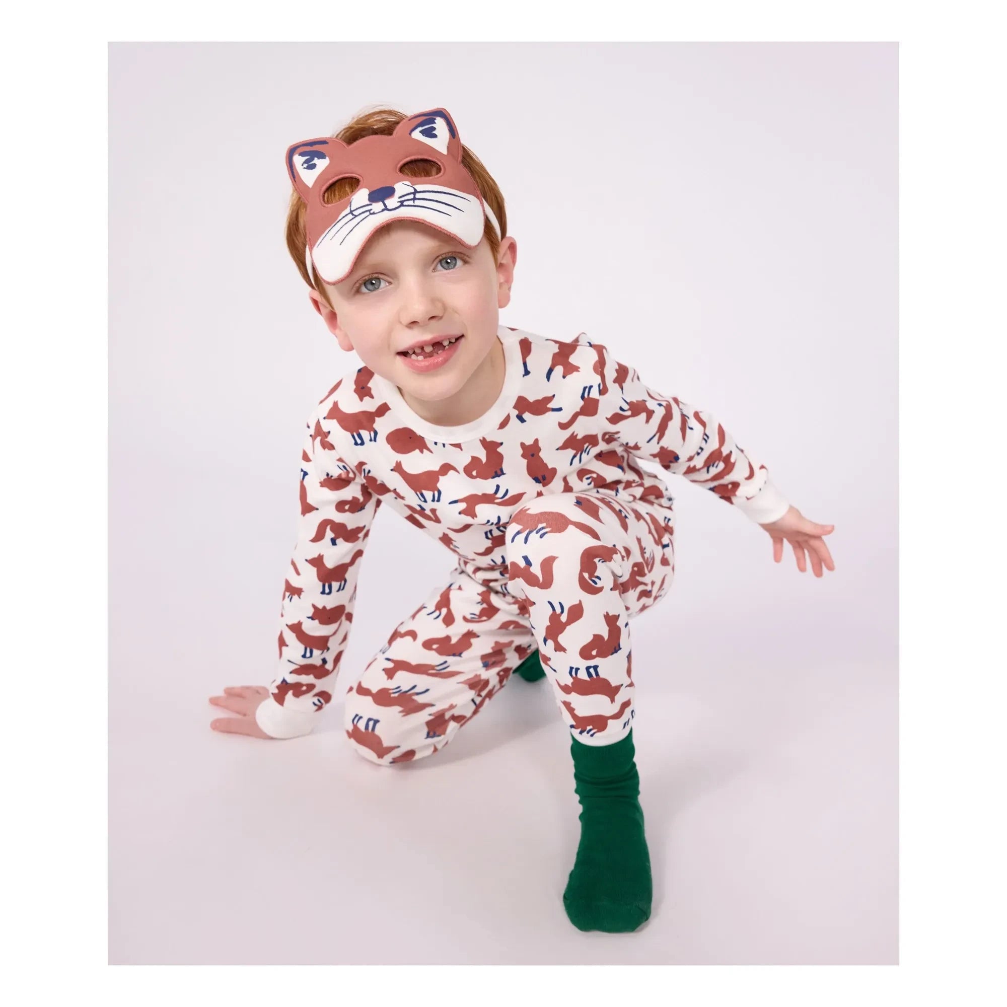 Petit Bateau - Organik Pamuk Tilki Pijama ve Maske Seti | Beyaz