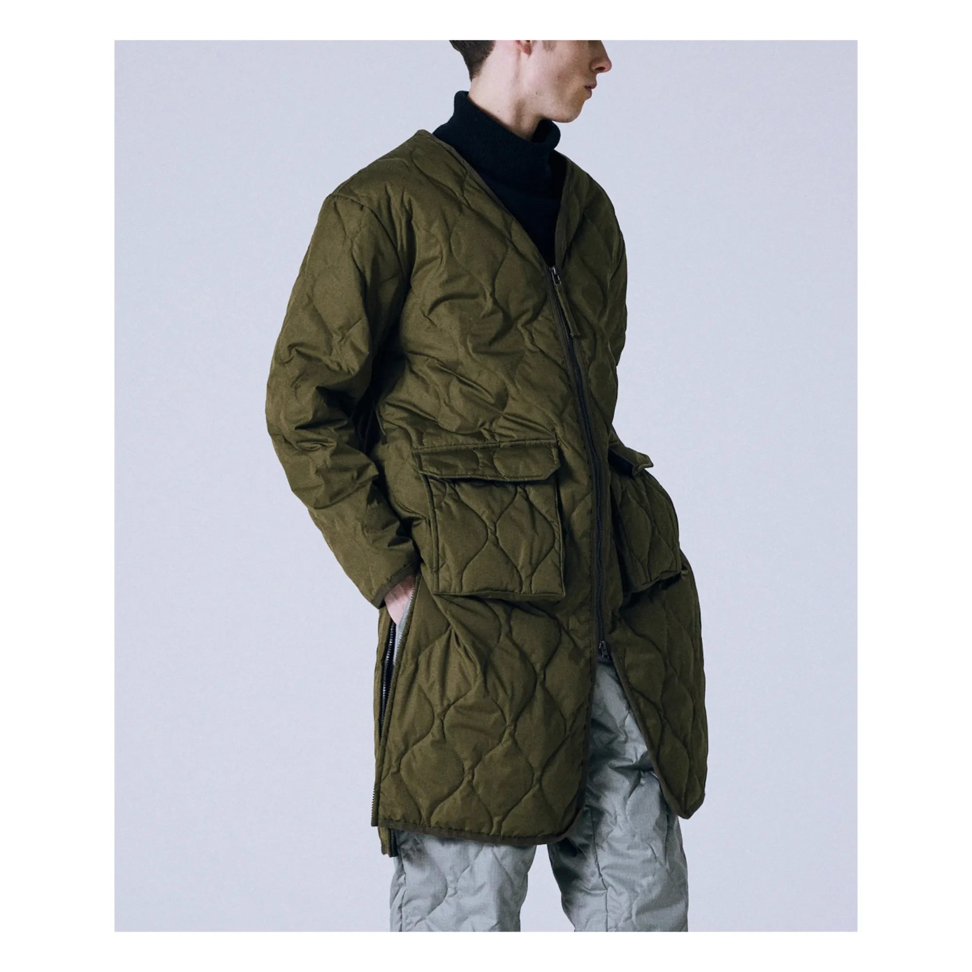 Taion - Militärischer Unisex Langer Steppmantel mit Reißverschluss | Olivgrün