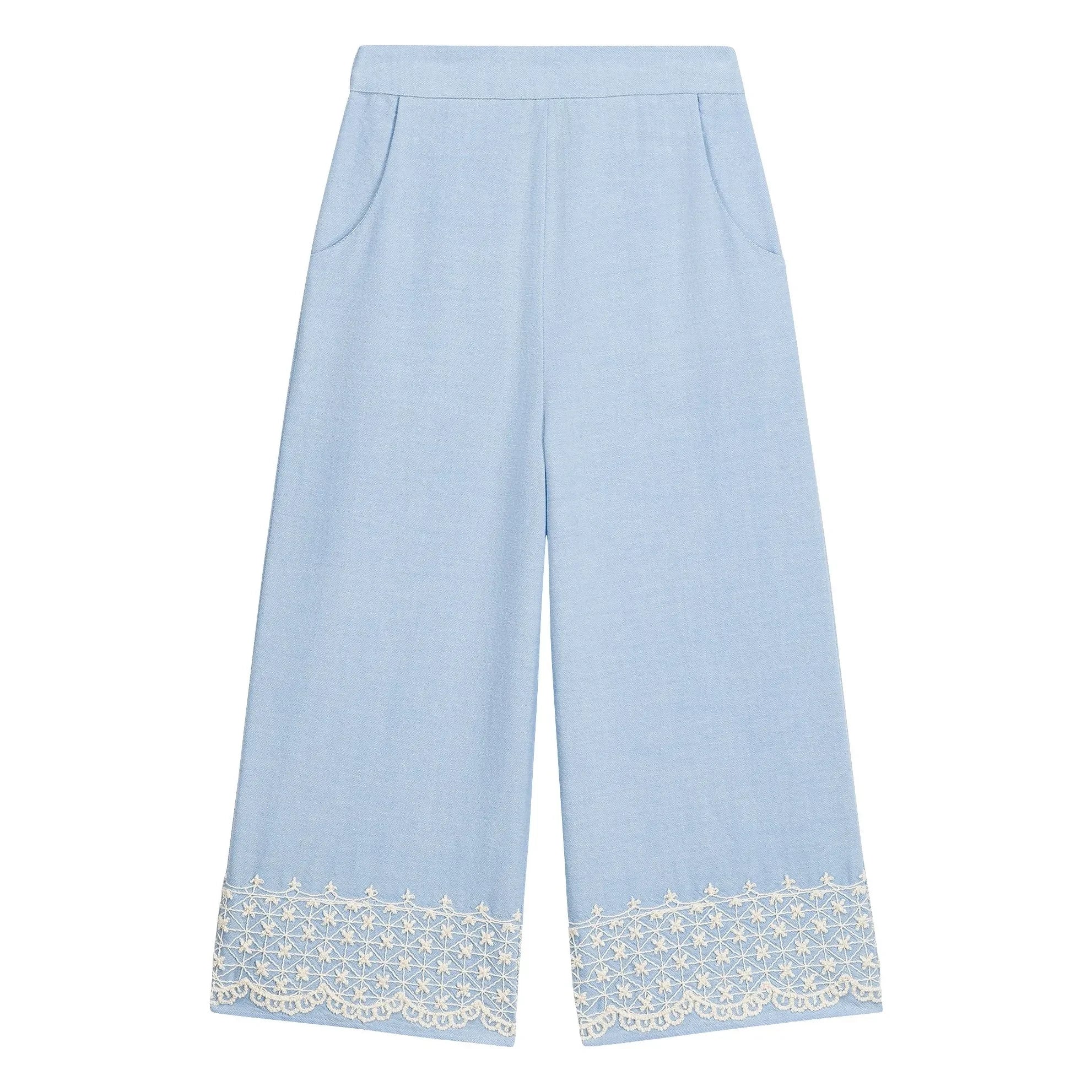 Louise Misha – Florelia Bio-Baumwollhose mit Stickerei | Blau