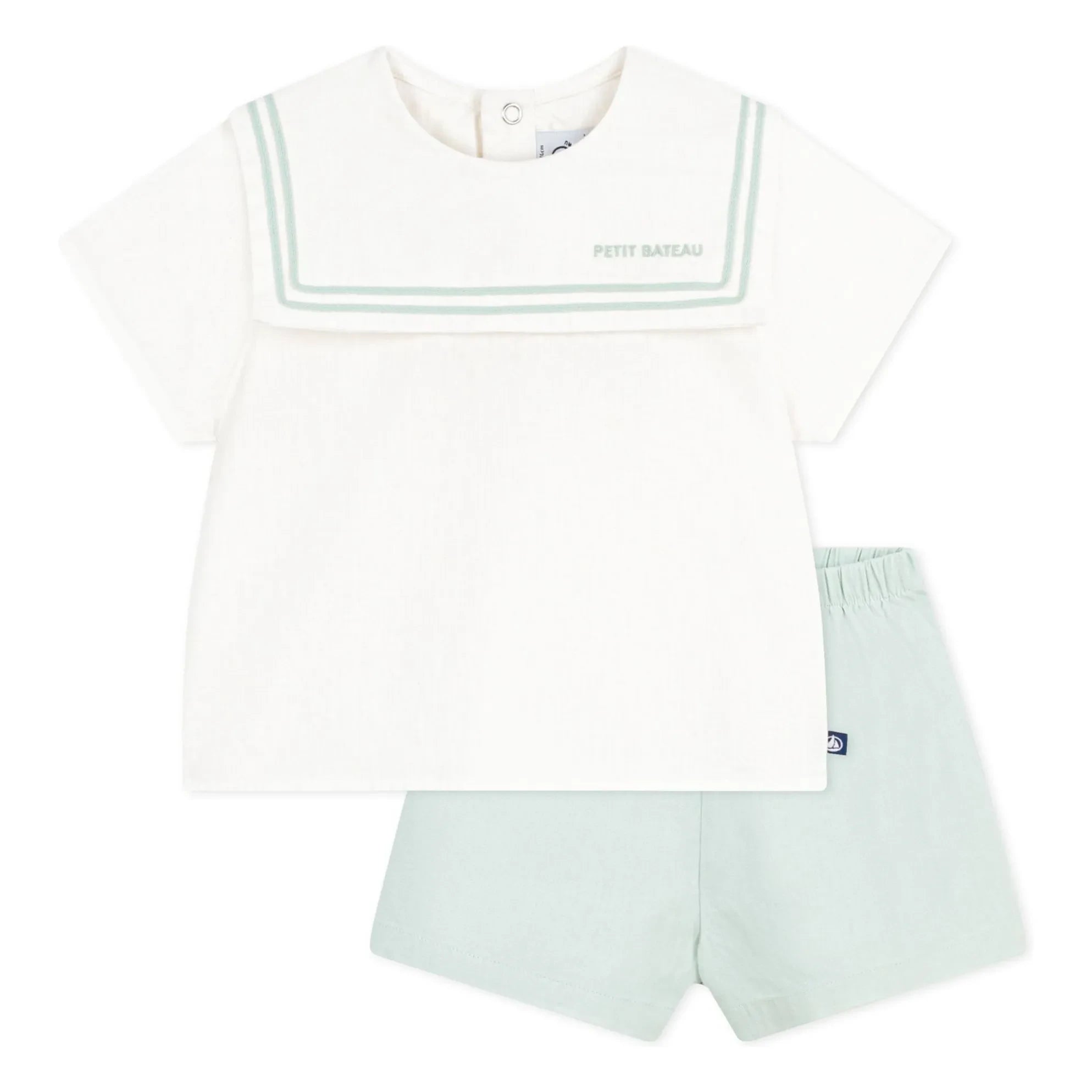 Petit Bateau - Dunkelblaues Kragen-Oberteil und Leinen-Shorts Set | Salbeigrün
