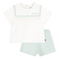 Petit Bateau - Dunkelblaues Kragen-Oberteil und Leinen-Shorts Set | Salbeigrün