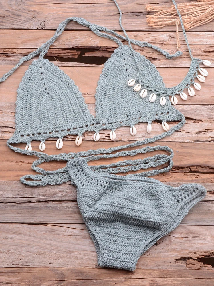 Jesminda - Örme Göl Yeşili Deniz Kabuğu Brezilya 3'lü Bikini Takımı