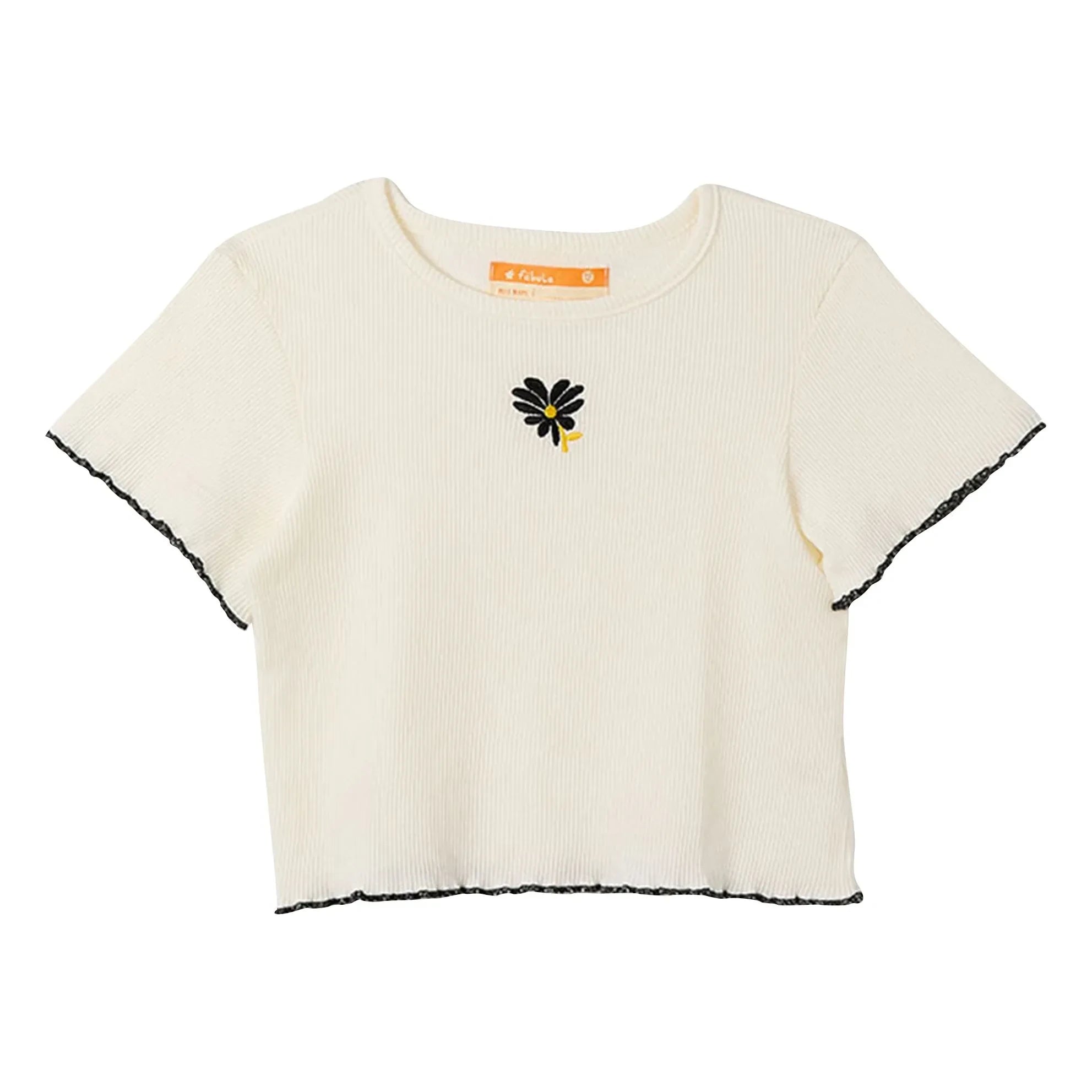 Fabula - Geripptes Blumen-T-Shirt | Weiß
