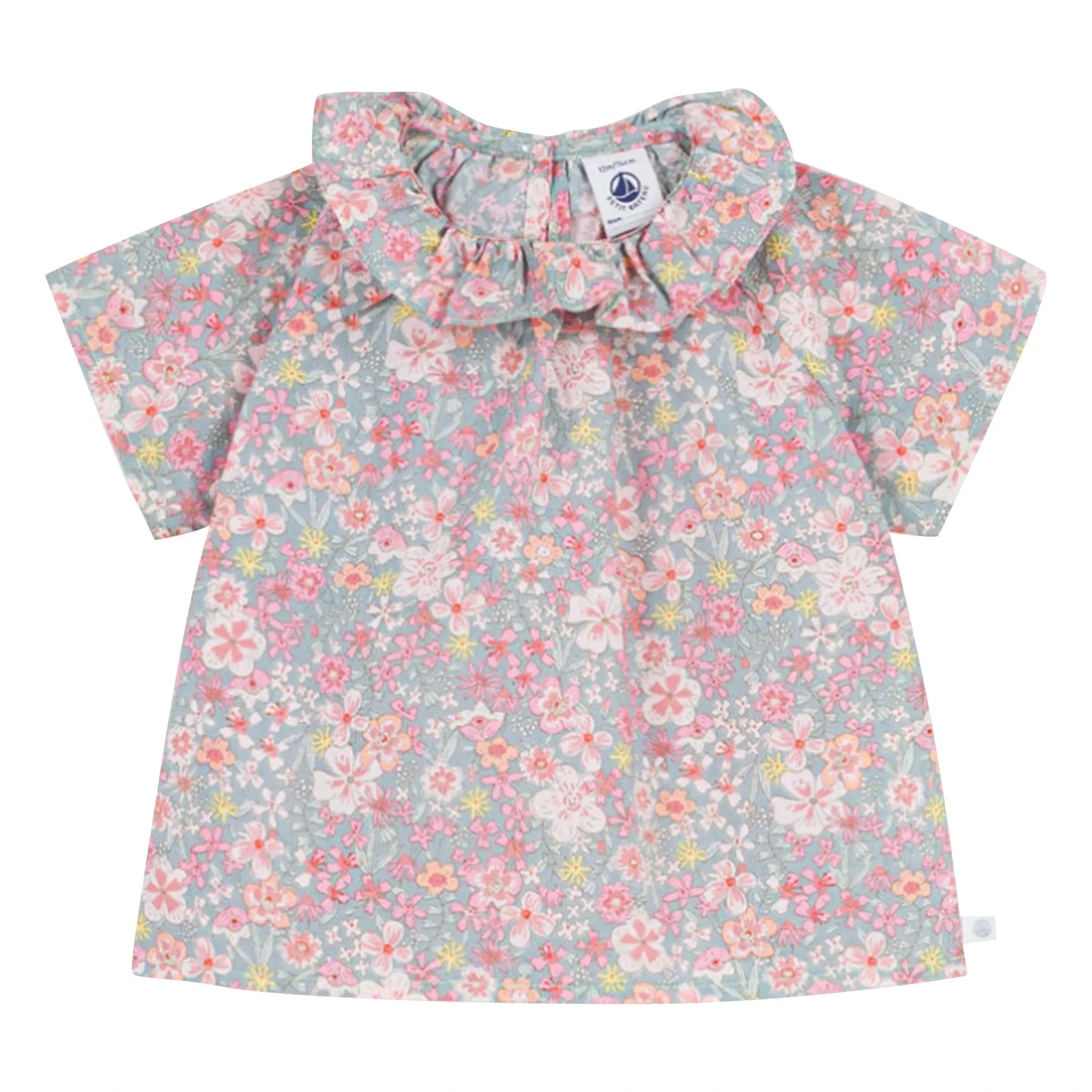 Petit Bateau - Bluse mit Blumenmuster und Rüschenkragen aus Baumwolle | Türkis