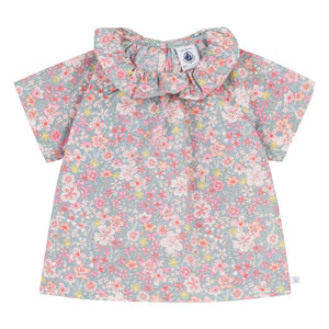 Petit Bateau - Bluse mit Blumenmuster und Rüschenkragen aus Baumwolle | Türkis