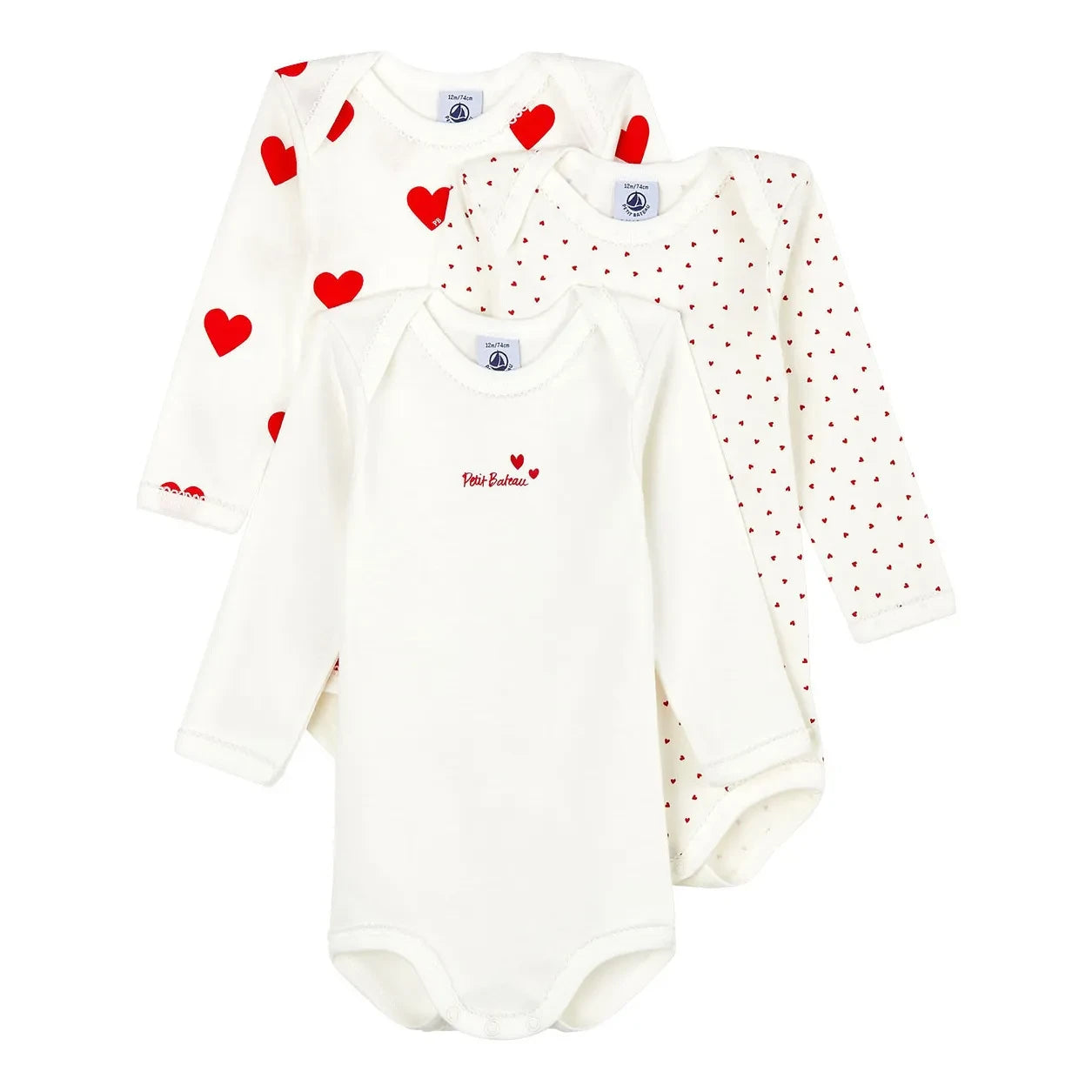 Petit Bateau – Schlafanzug mit Herz-Print aus Bio-Baumwolle, 3er-Pack | Weiß
