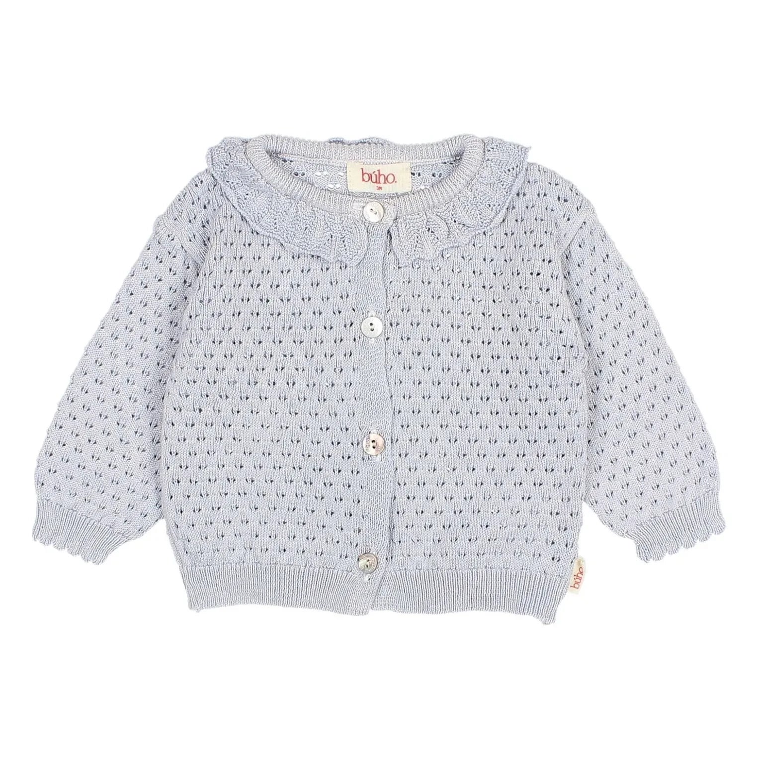 Búho – Boho Strickjacke aus Bio-Baumwolle mit Ajourmuster | Hellblau