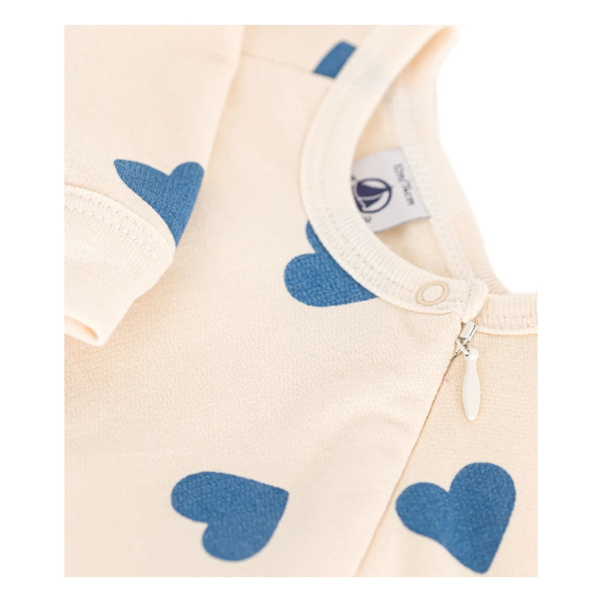 Petit Bateau - Kapuzen-Fleece-Schlafanzug mit Reißverschluss und Herzmuster | Beige