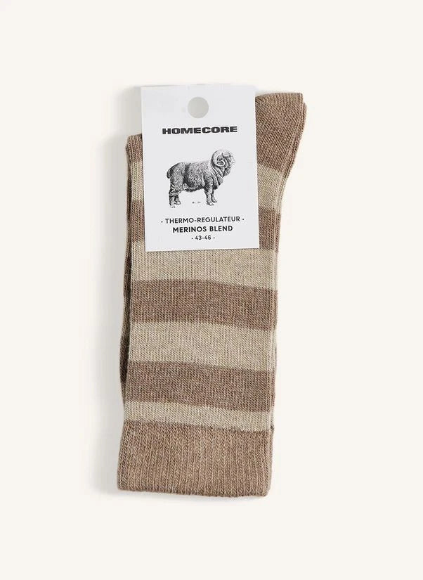 Homecore - Gestreifte Merinowolle Socken | Dunkelbeige