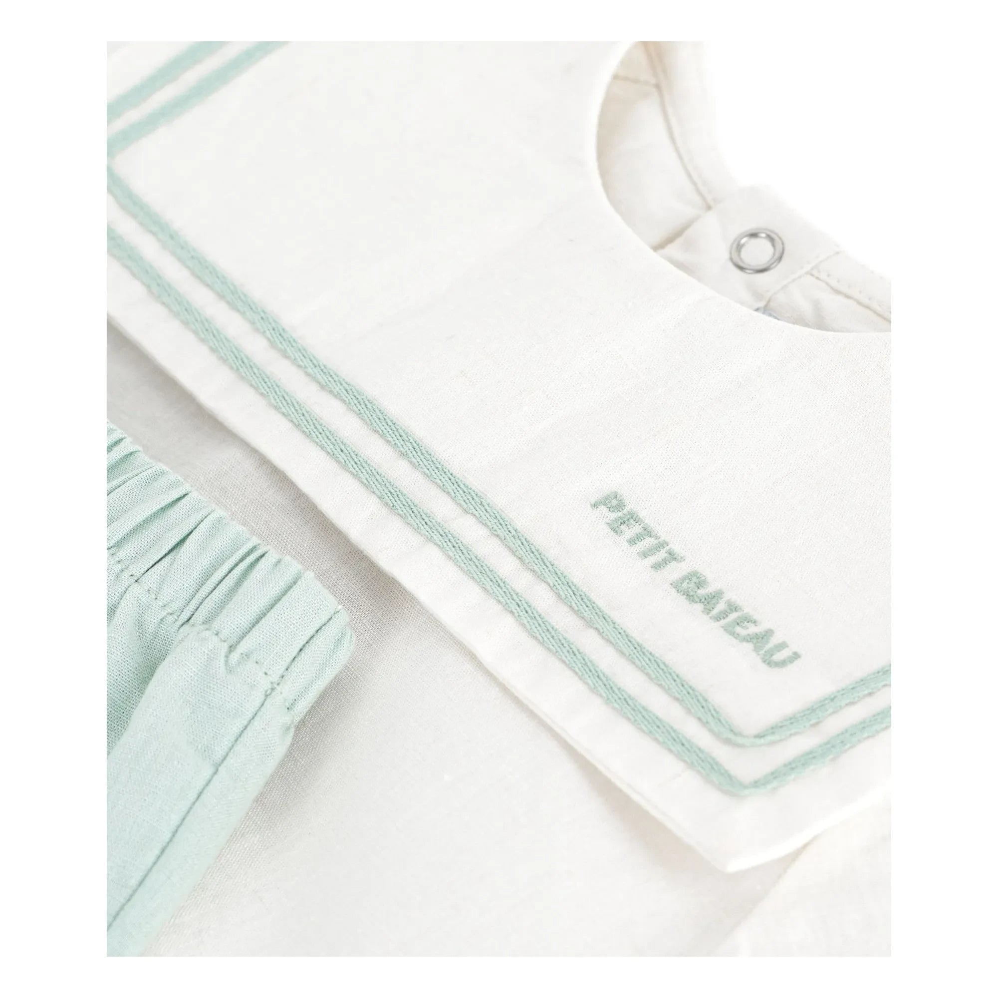 Petit Bateau - Dunkelblaues Kragen-Oberteil und Leinen-Shorts Set | Salbeigrün