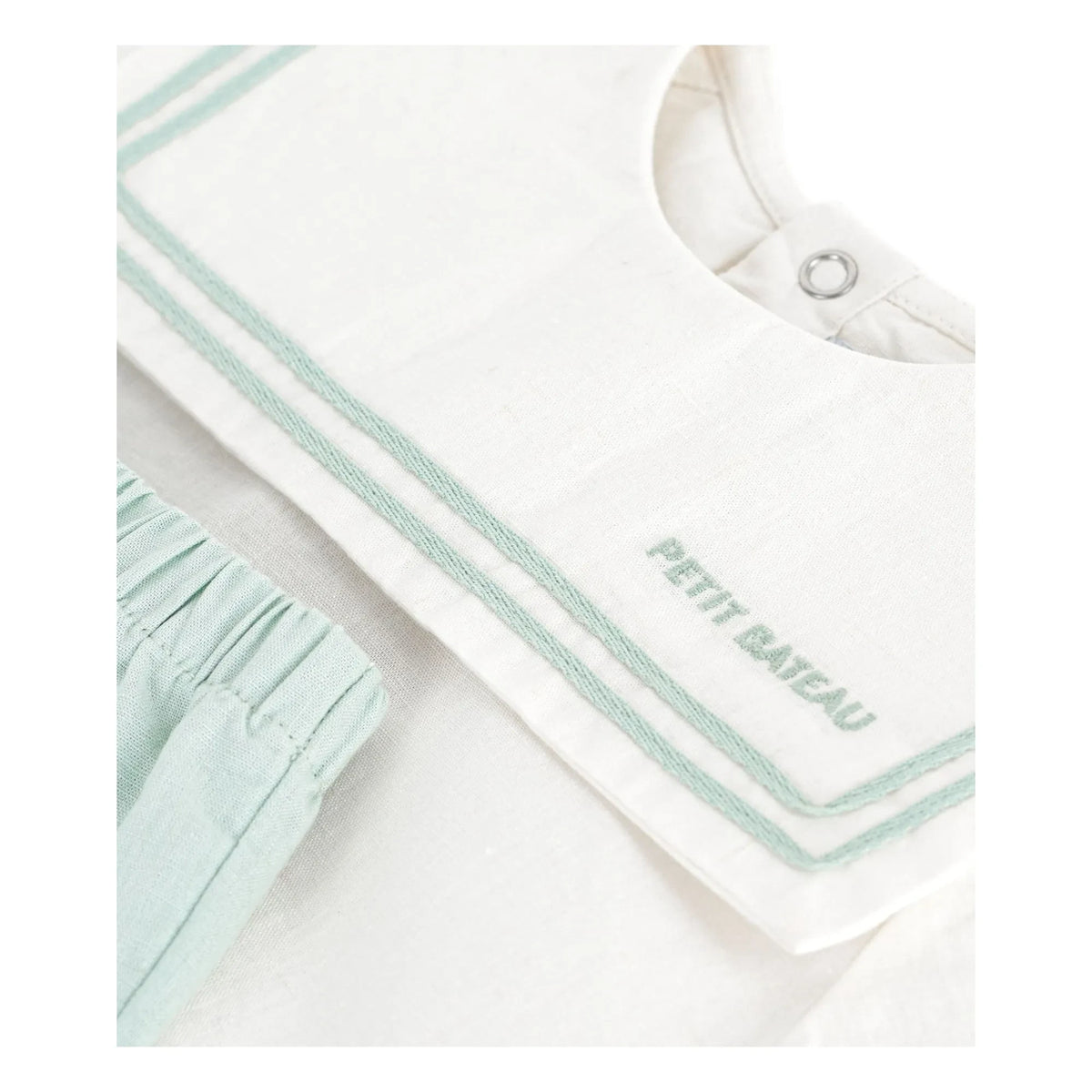 Petit Bateau - Dunkelblaues Kragen-Oberteil und Leinen-Shorts Set | Salbeigrün