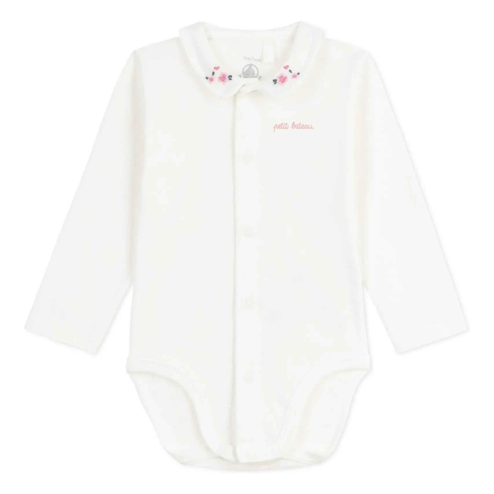 Petit Bateau - Bio-Baumwoll-Body mit Blumenstickerei am Kragen | Weiß