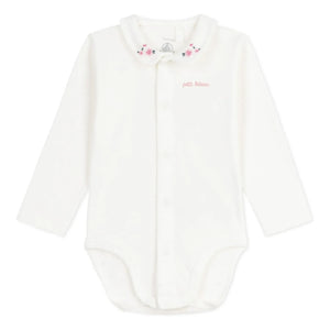 Petit Bateau - Bio-Baumwoll-Body mit Blumenstickerei am Kragen | Weiß