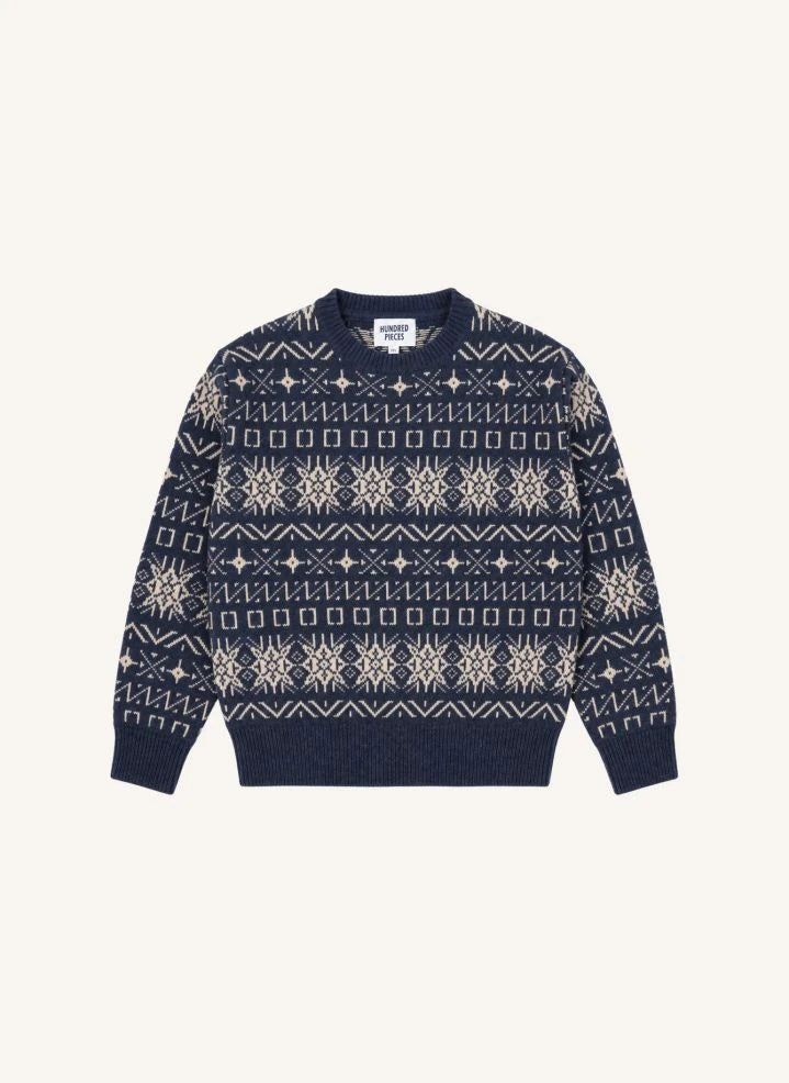 Hundred Pieces - Mika Jacquard Merinowolle Pullover | Grau Blau
