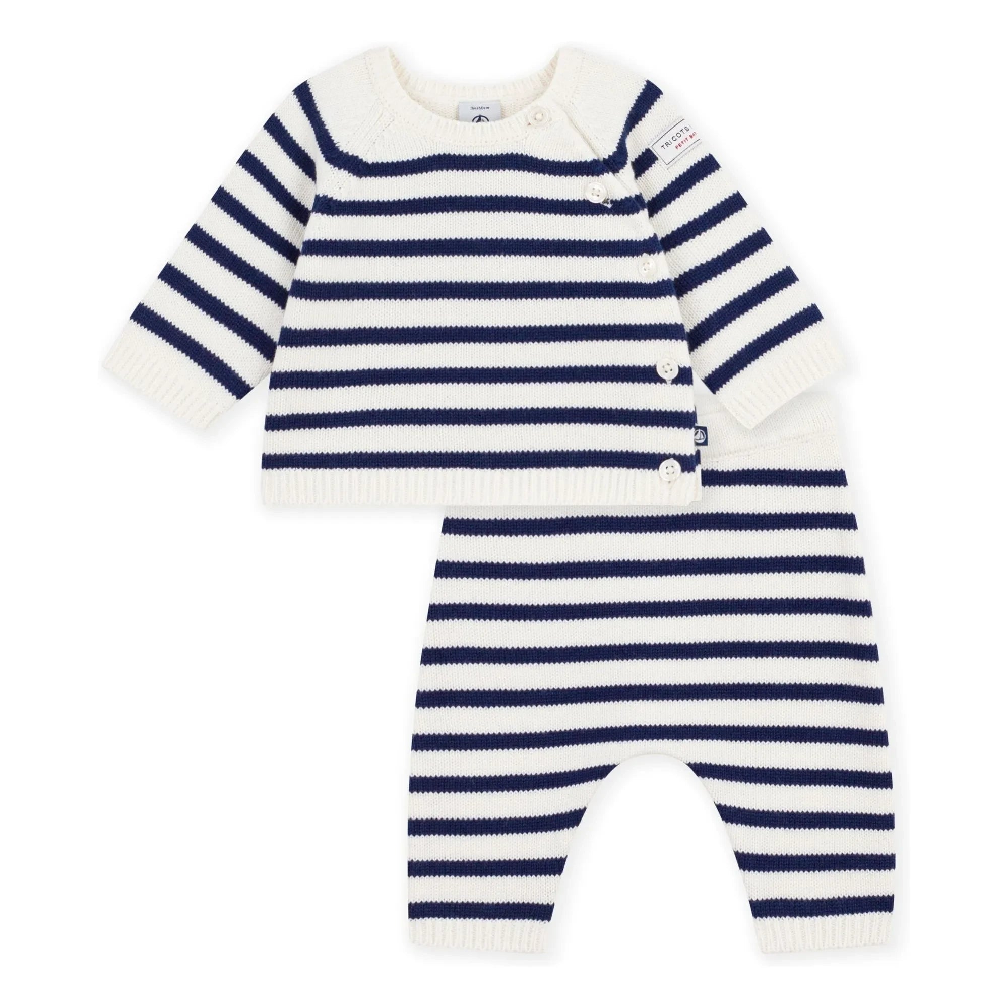 Petit Bateau - Yün Çizgili Hırka ve Pantolon Takımı | Beyaz