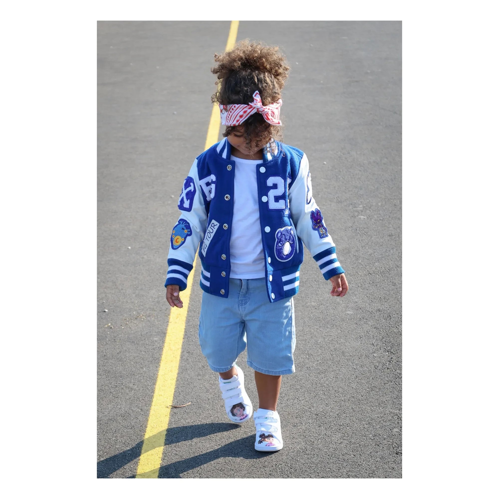 Fille Garçon - Leder-Patch Letterman Bomberjacke | Blau