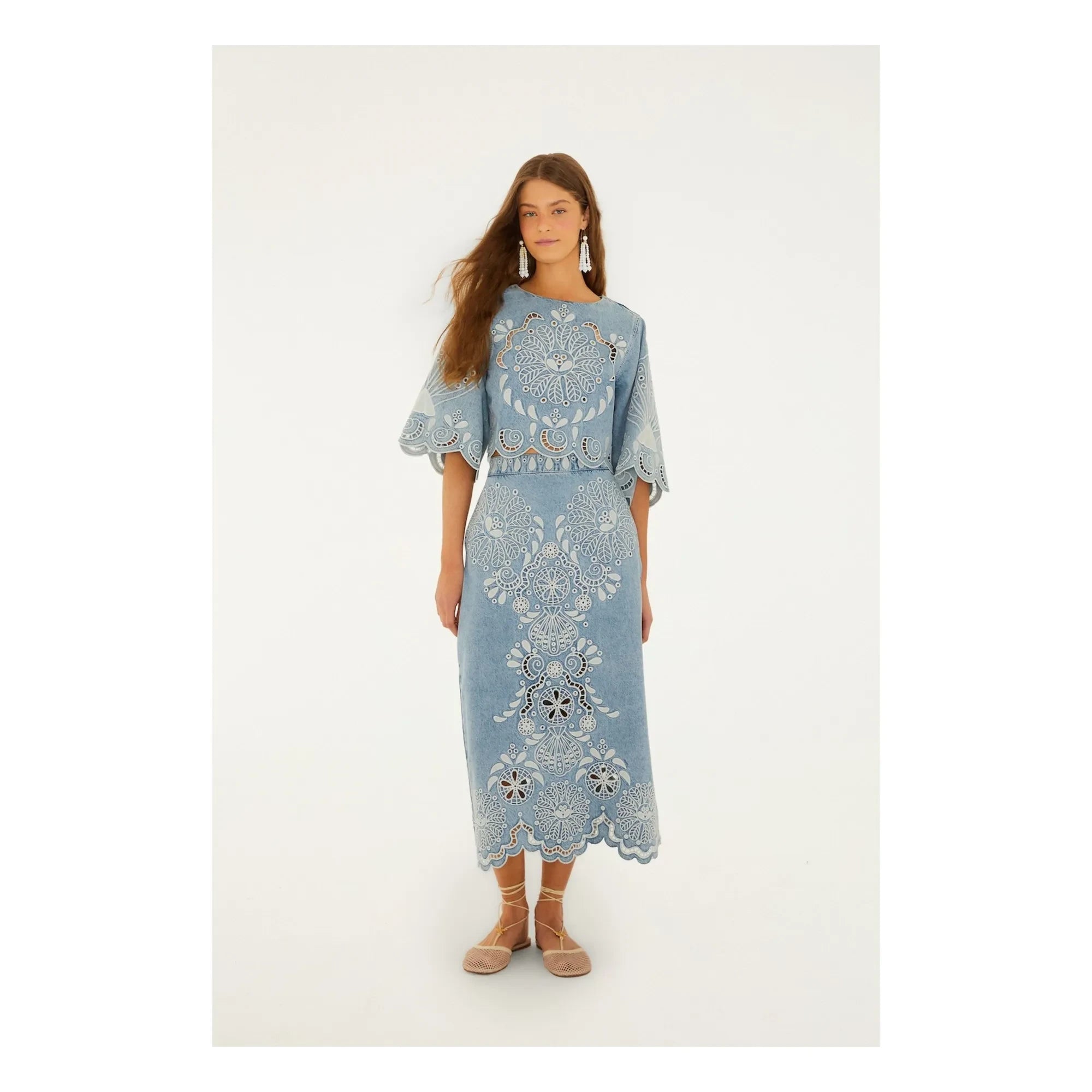 Farm Rio - Richelieux Bluse | Jeansblau
