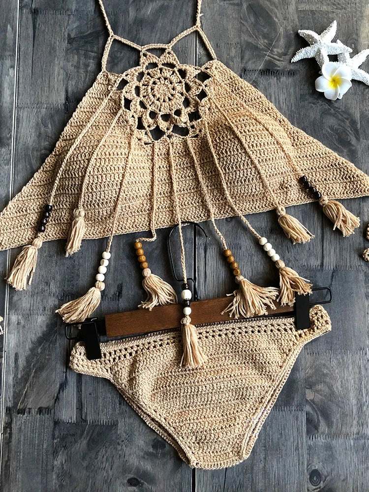Jesminda - Örme Haki Püsküllü Brezilya Kesim Bikini Takımı