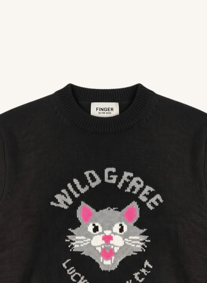 Finger in der Nase - Sally Schwarze Katze Merino Wollpullover | Schwarz