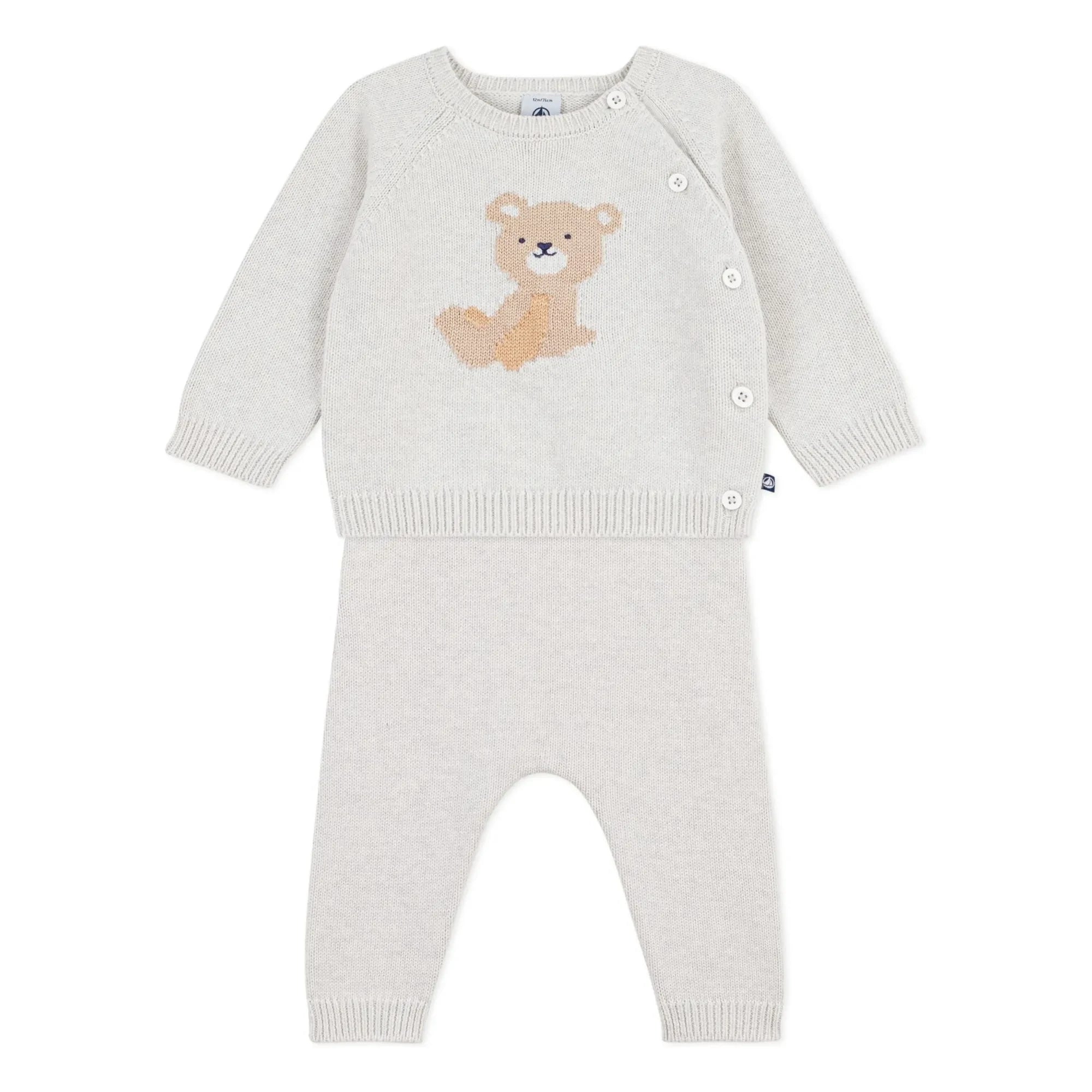 Petit Bateau - Teddybär Jacquard Pullover und Hose aus Bio-Baumwolle | Heather beige