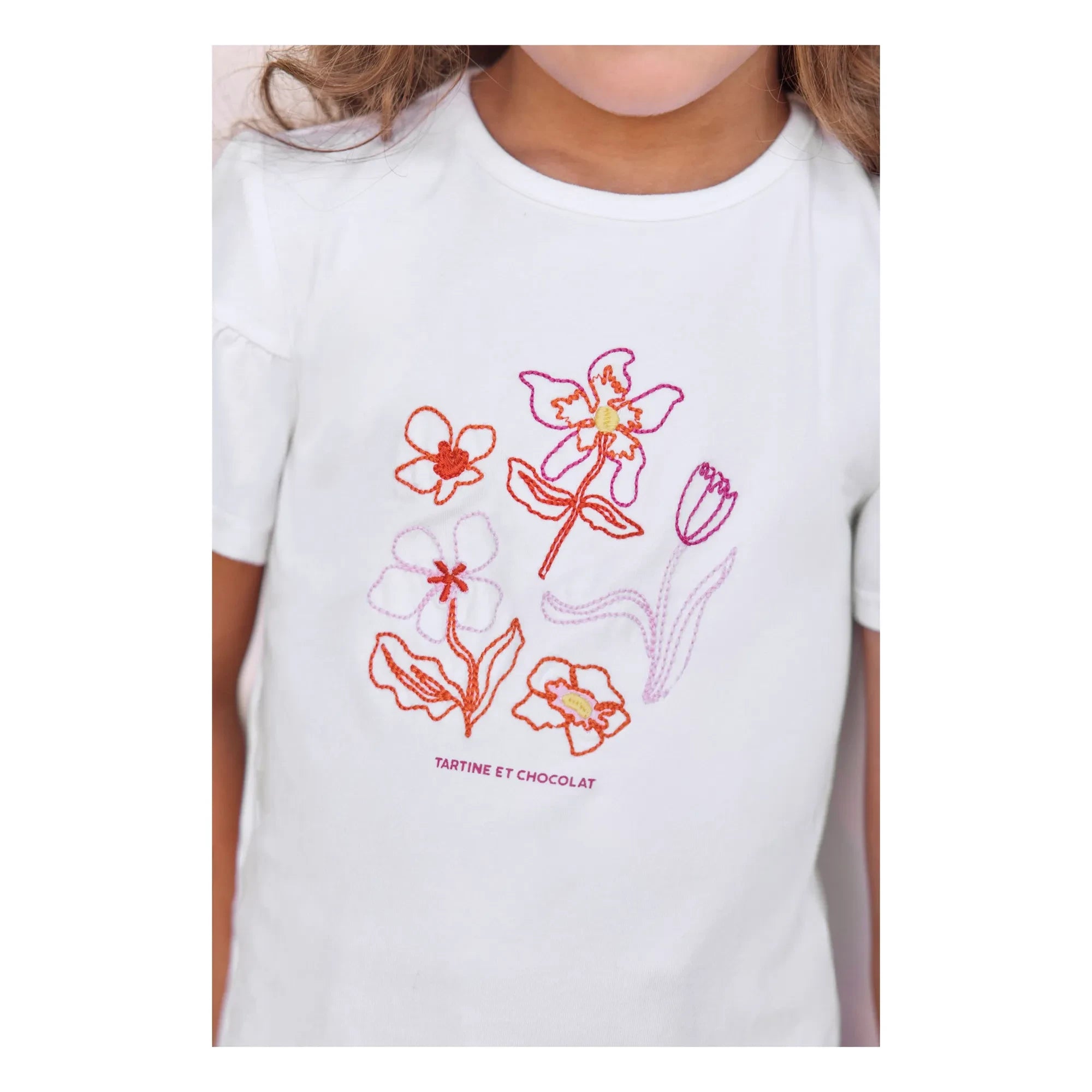 Tartine et Chocolat - Blumenstickerei Ballonärmel T-Shirt | Weiß