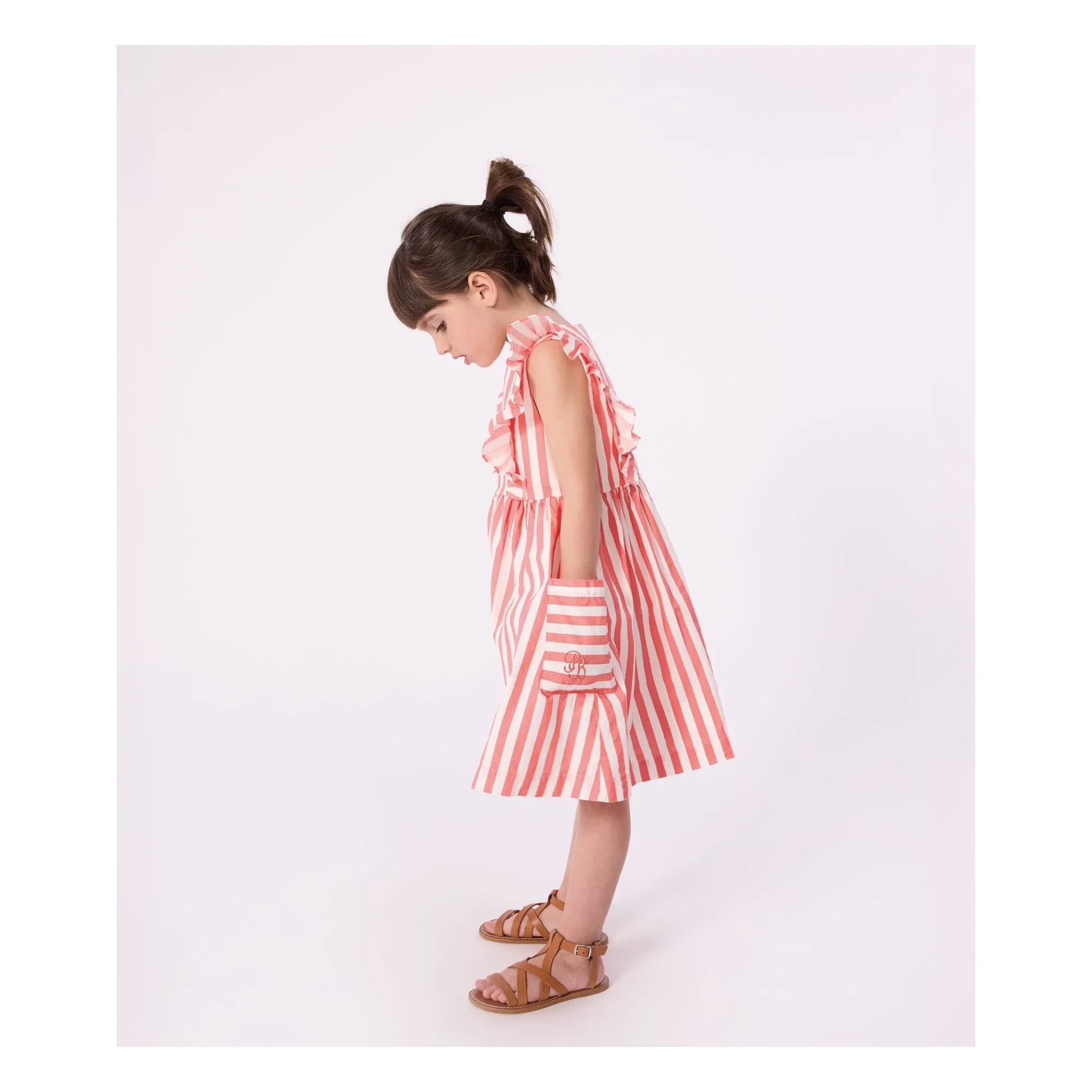 Petit Bateau - Gestreiftes Rüschenkleid aus Bio-Baumwolle | Koralle