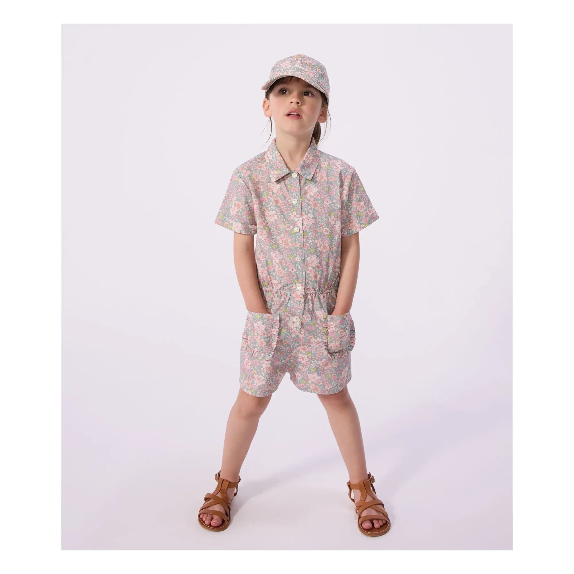 Petit Bateau - Bio-Baumwoll-Poplin-Blumenstrampler | Grau-Blau