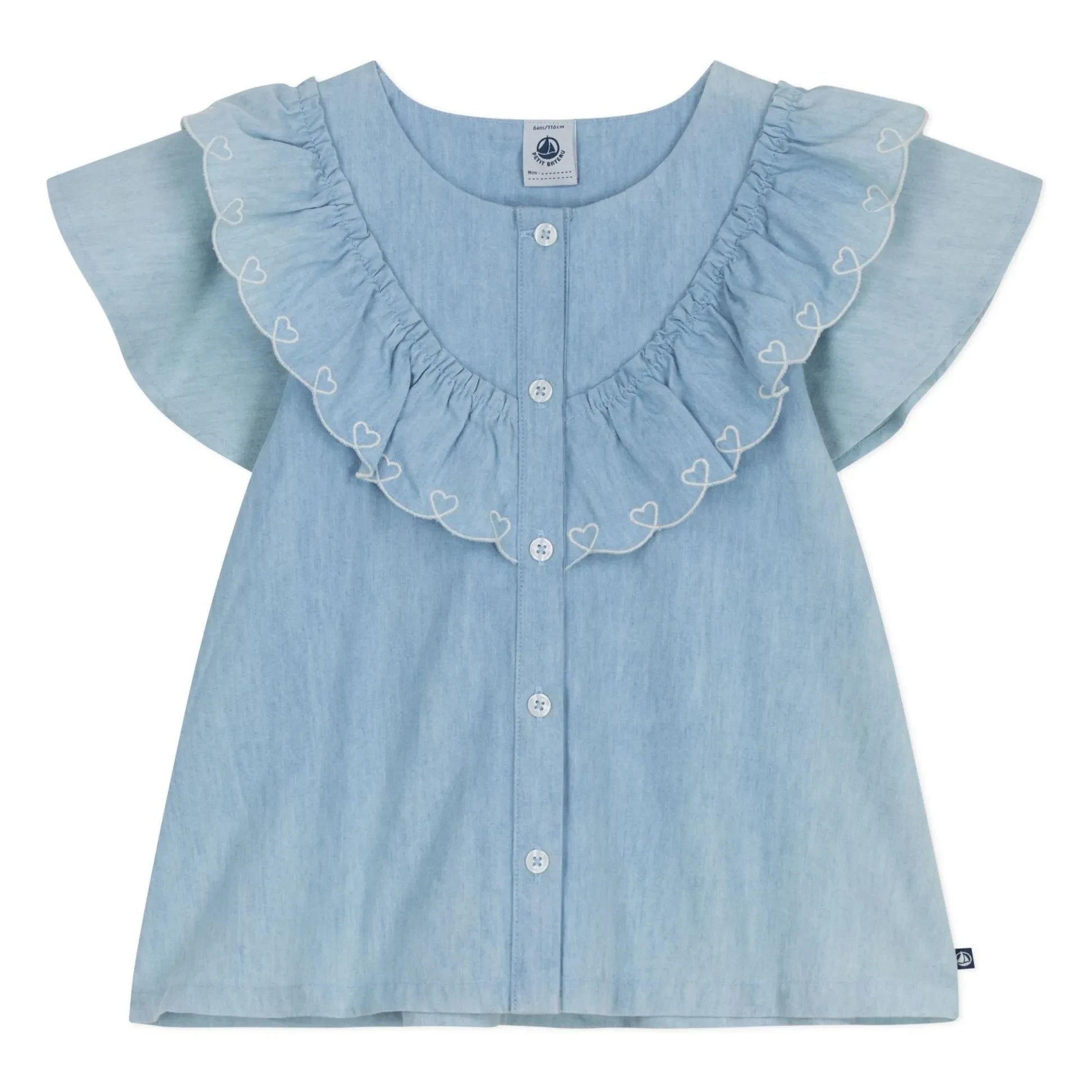 Petit Bateau - Gerüschte Bluse Chambray Bio-Baumwolle | Hellblau