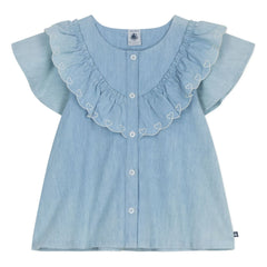 Petit Bateau - Gerüschte Bluse Chambray Bio-Baumwolle | Hellblau