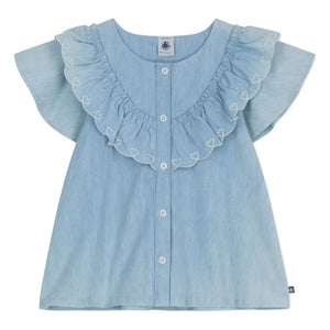 Petit Bateau - Gerüschte Bluse Chambray Bio-Baumwolle | Hellblau