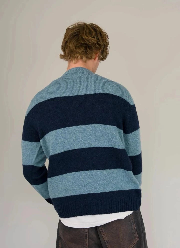 Origin Knitwear - Gestreifter, nahtloser Wollpullover | Blau