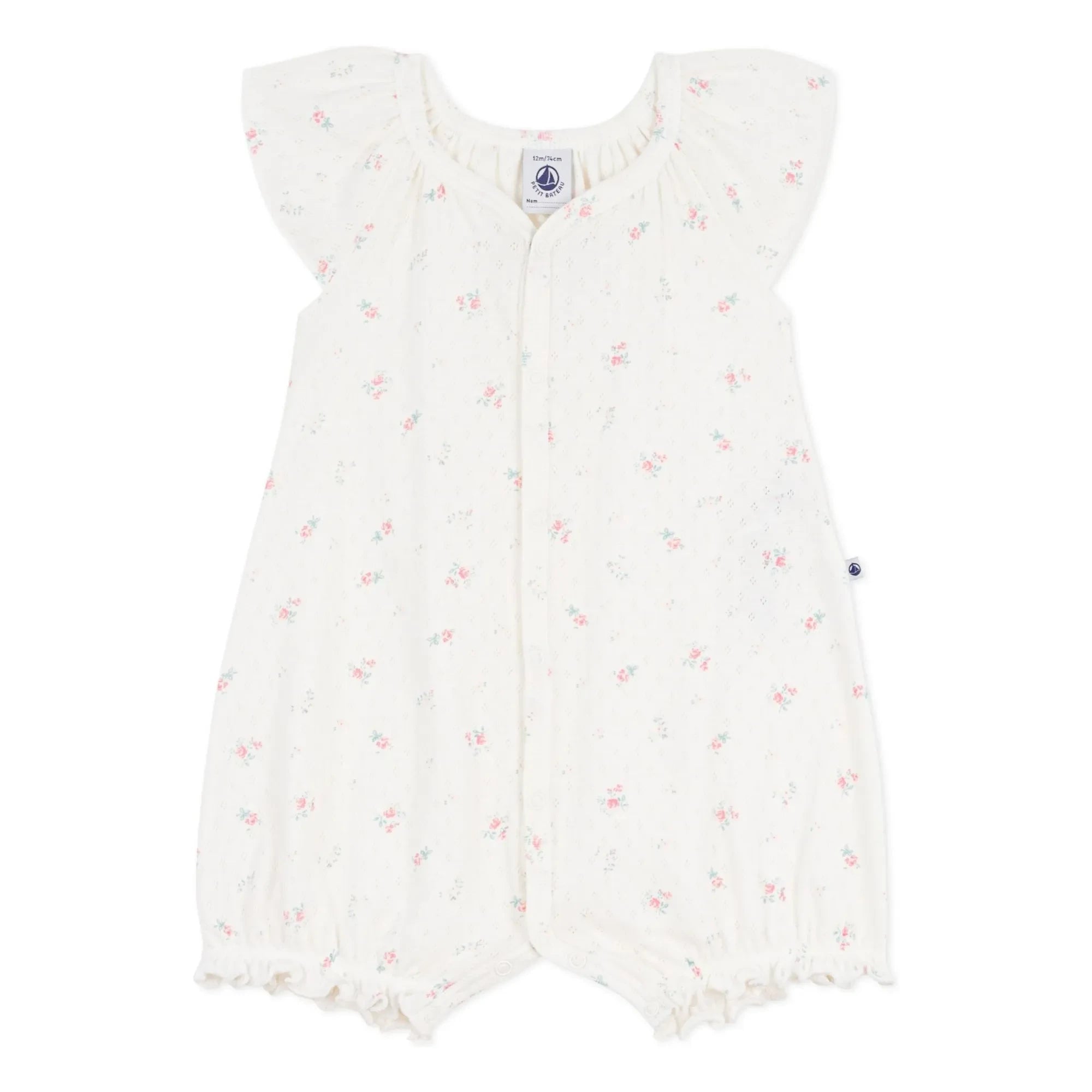 Petit Bateau – Schlafanzug mit Lochstickerei und Blumenmuster, Strampler-Stil | Weiß