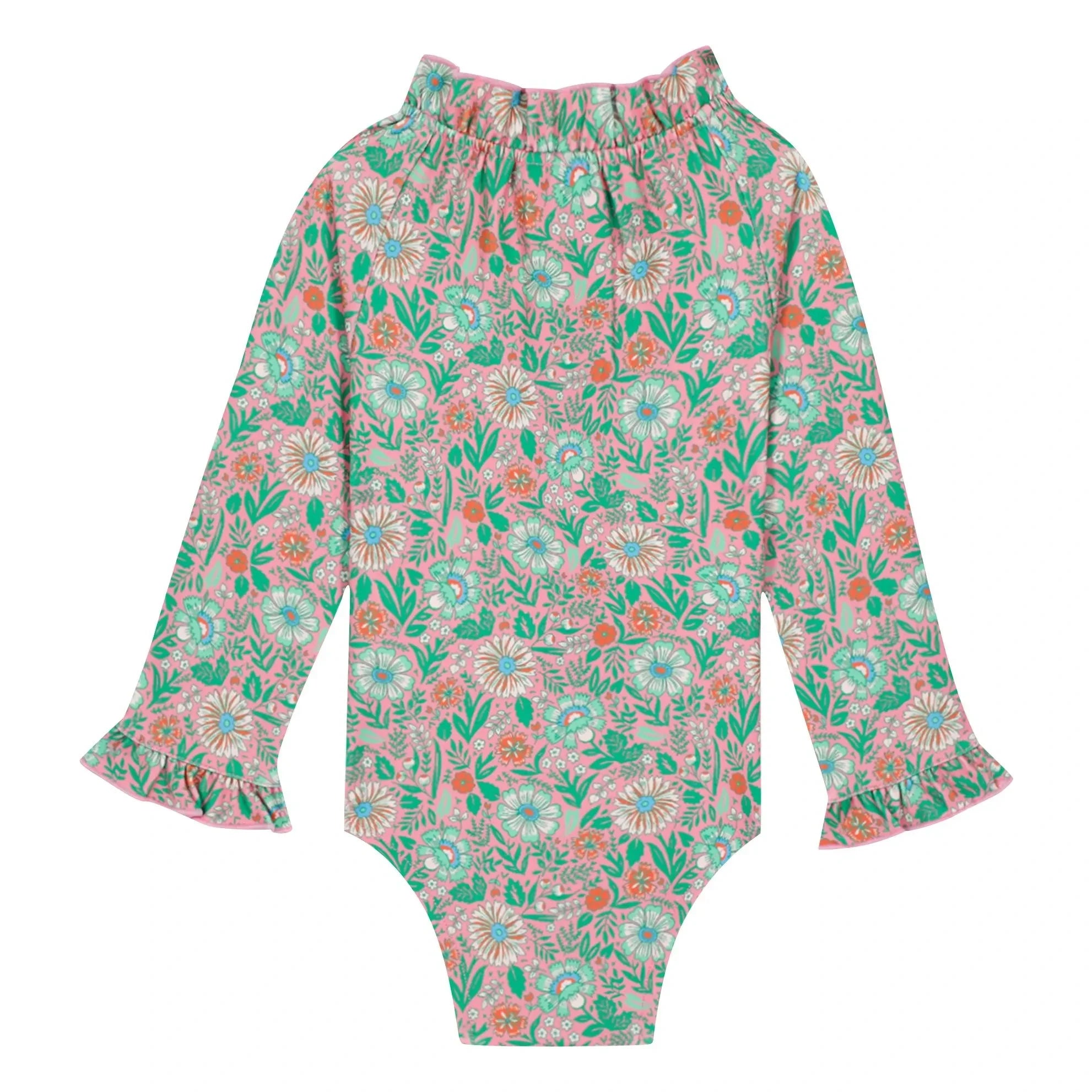 Bonton - Langärmliger Badeanzug mit Rüschenkragen Blüten | Lila