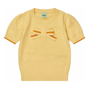 FUB – T-Shirt aus Bio-Baumwolle mit feinem Strickmuster und Schnürdetail | Hellgelb