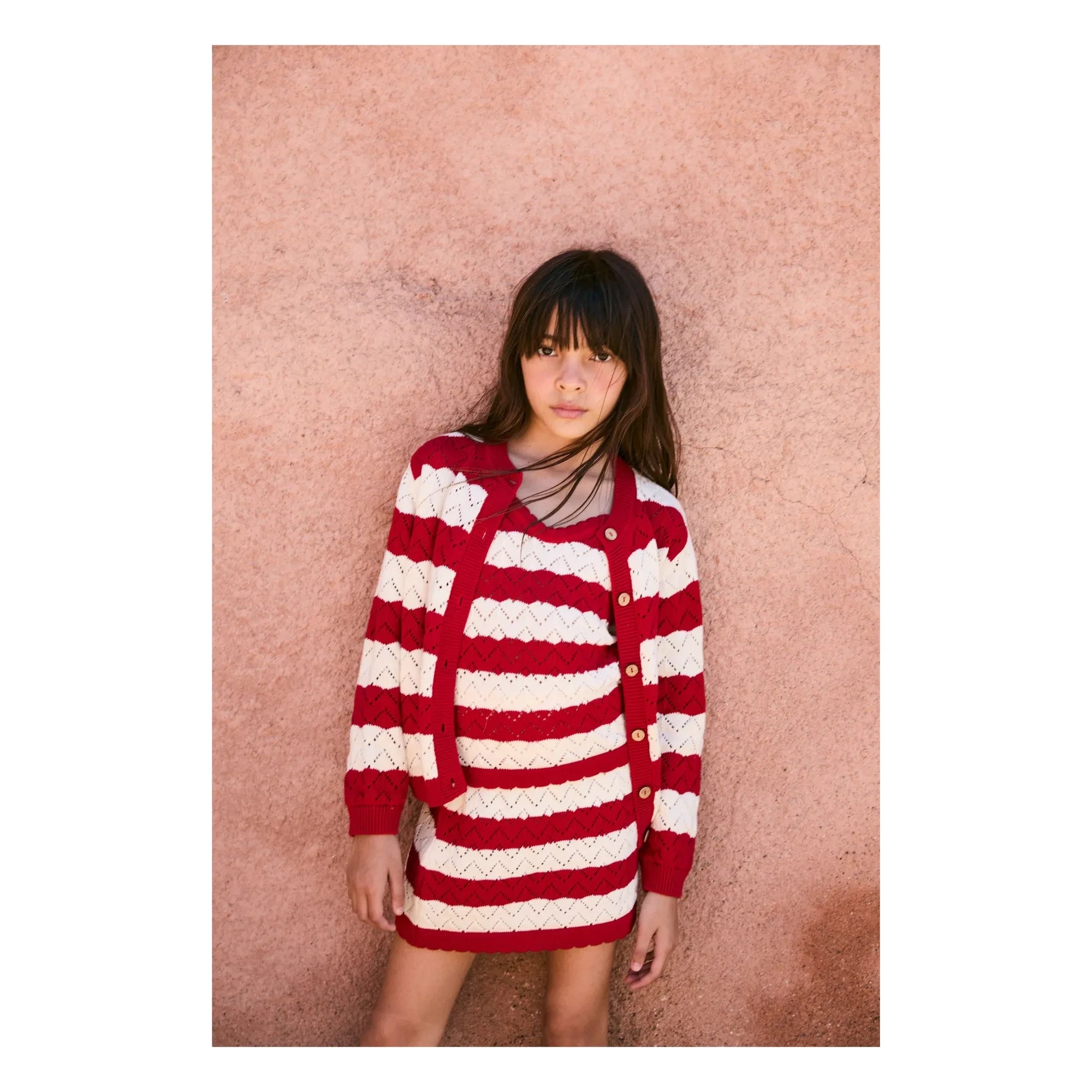 birinit - Pointelle Chili Gestreifter Cardigan | Rot