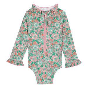 Bonton - Langärmliger Badeanzug mit Rüschenkragen Blüten | Lila