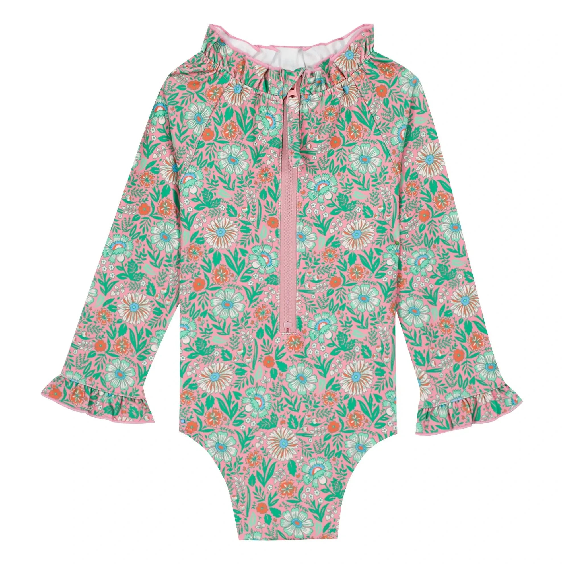 Bonton - Langärmliger Badeanzug mit Rüschenkragen Blüten | Lila