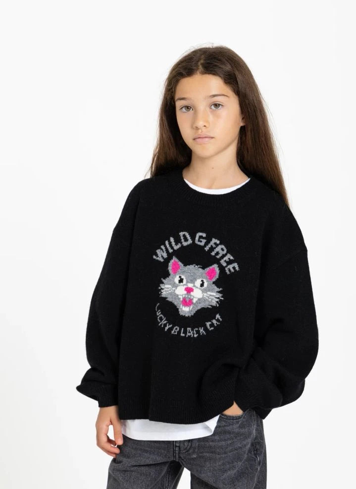 Finger in der Nase - Sally Schwarze Katze Merino Wollpullover | Schwarz