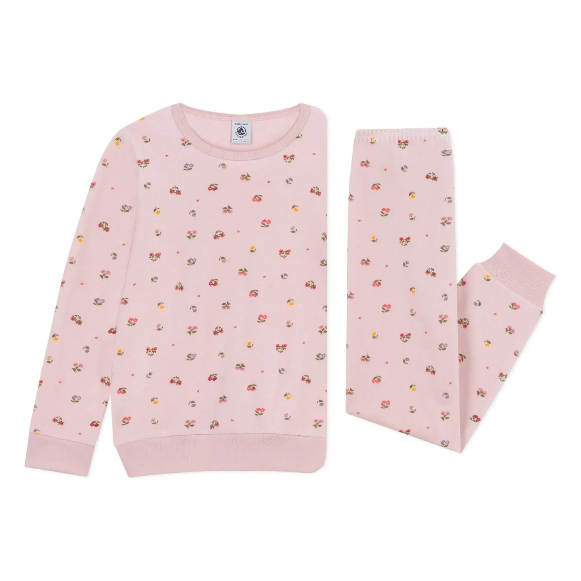 Petit Bateau – Schlafanzug aus Bio-Baumwolle mit Herz- und Blumenmuster | Blassrosa