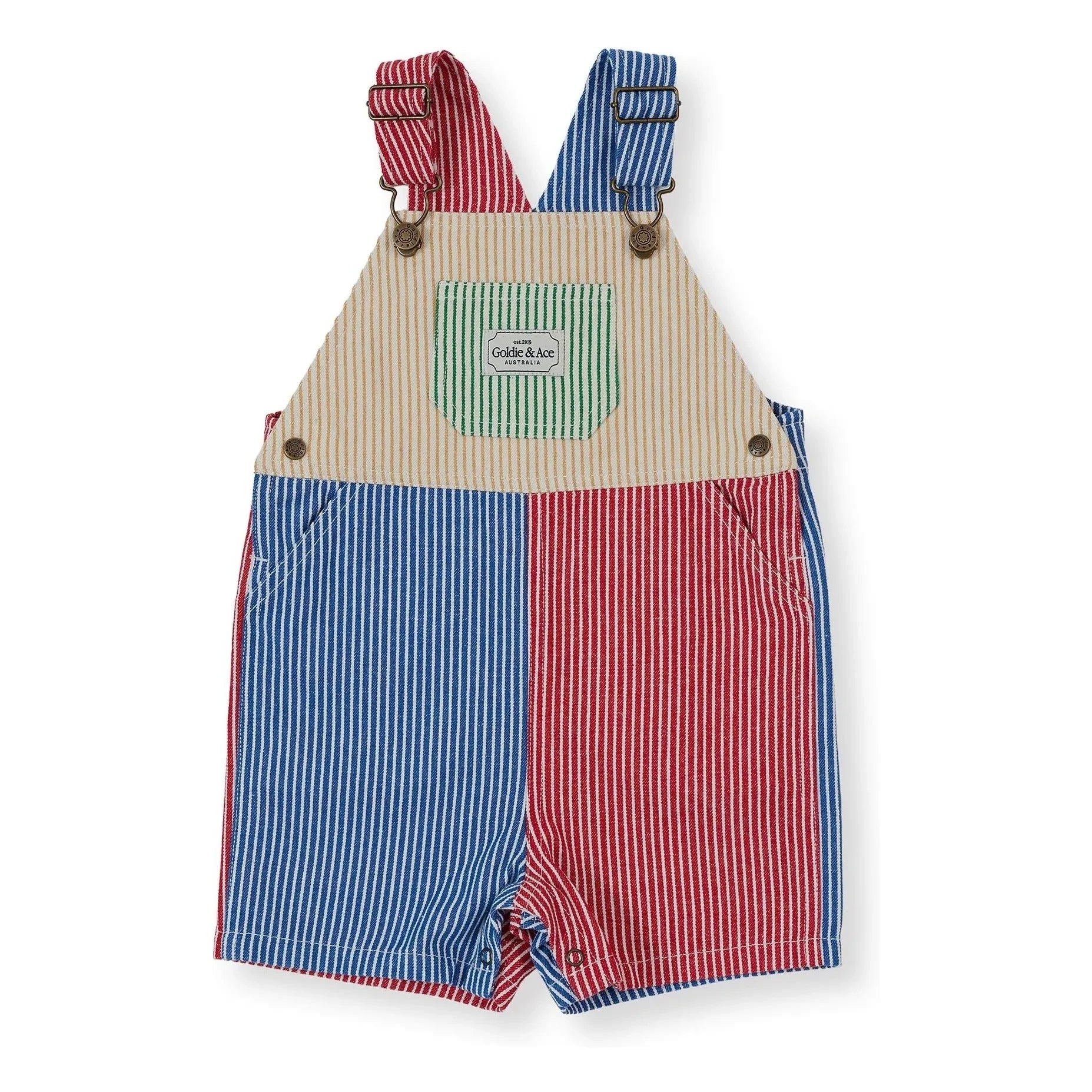 Goldie + Ace – Gestreifter Patchwork-Kurzstrampler | Rot
