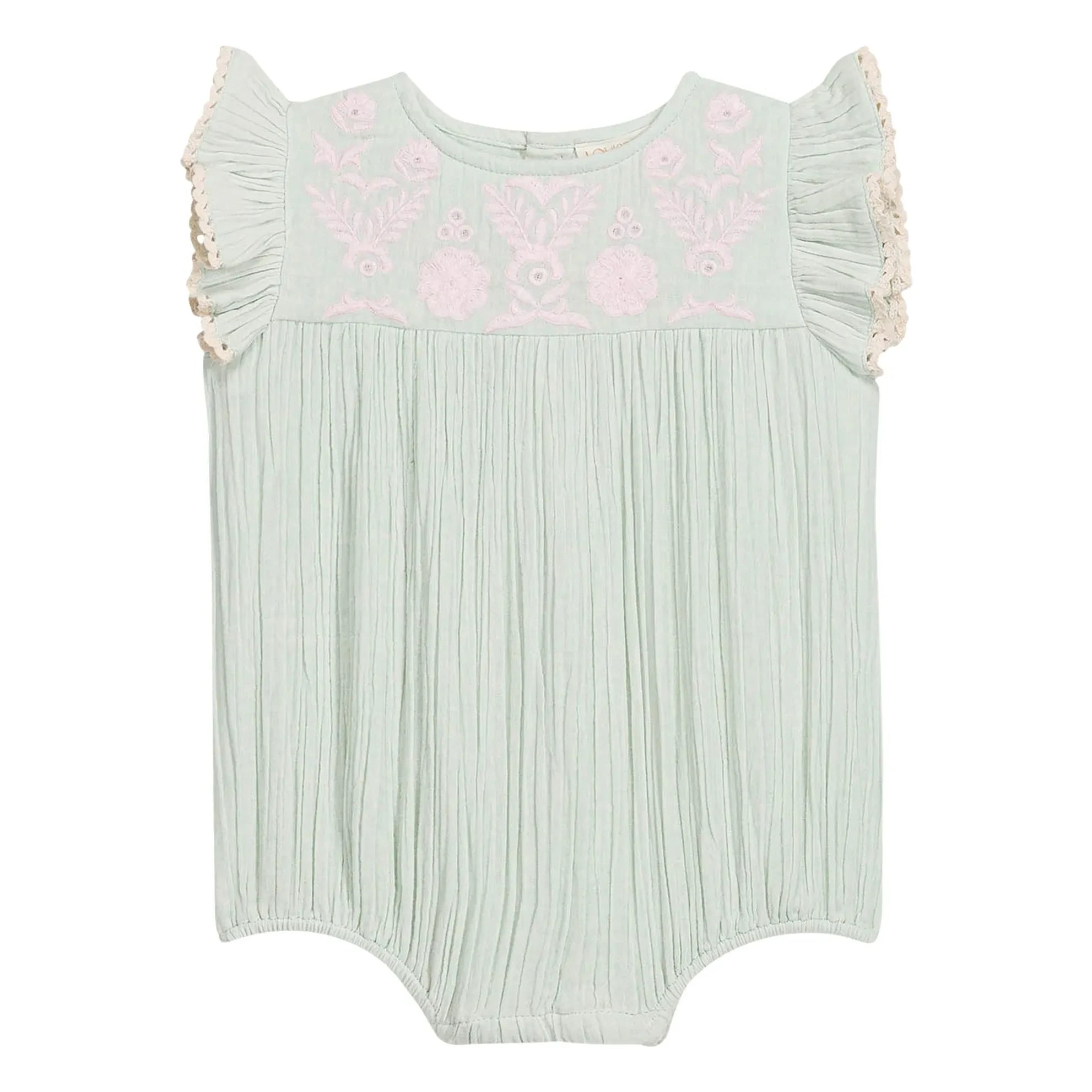 Louise Misha - Nusha Strampler aus Bio-Baumwolle mit Rüschen | Mandelgrün