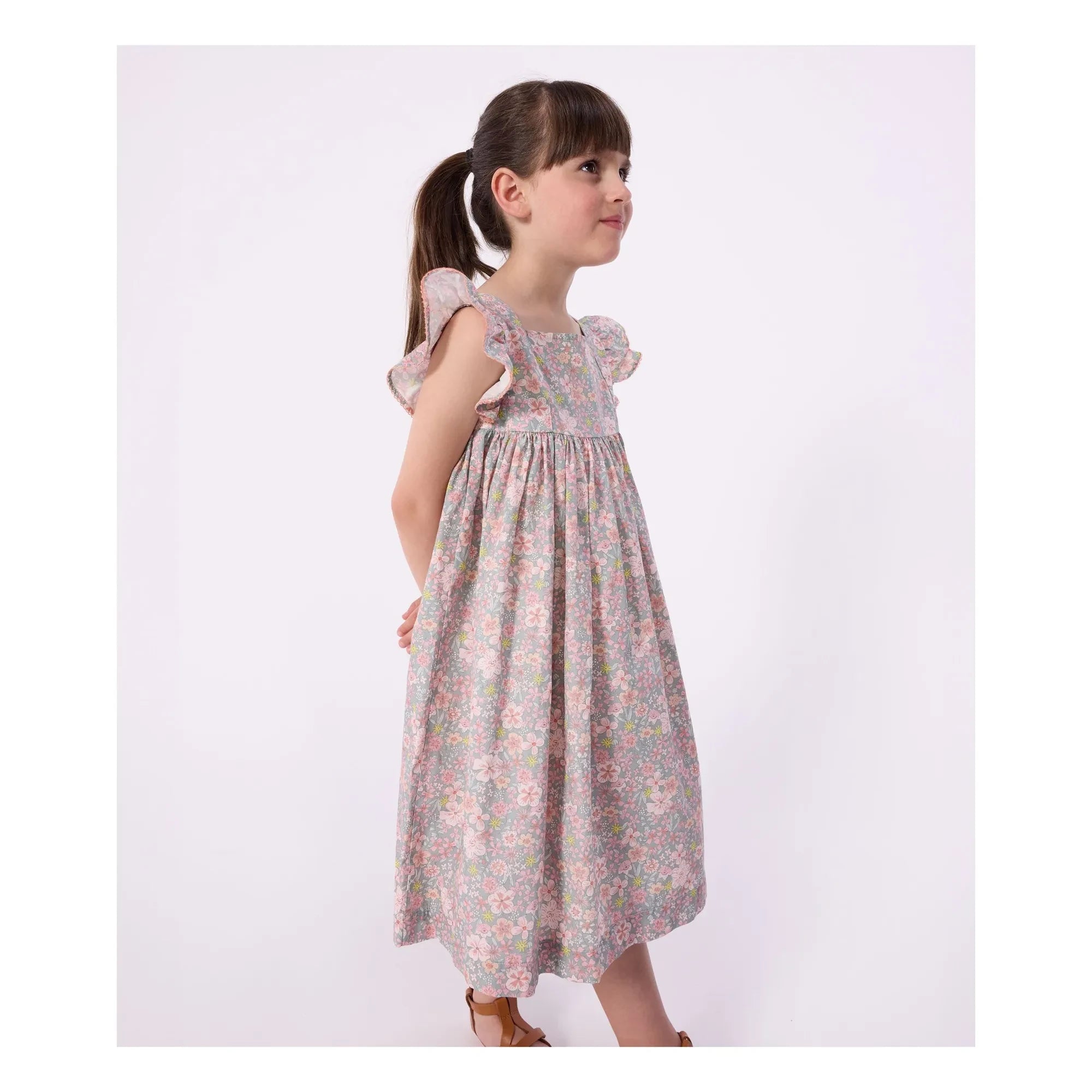 Petit Bateau - Ärmelloses Kleid aus Bio-Baumwollpopeline mit Blumenmuster | Graublau