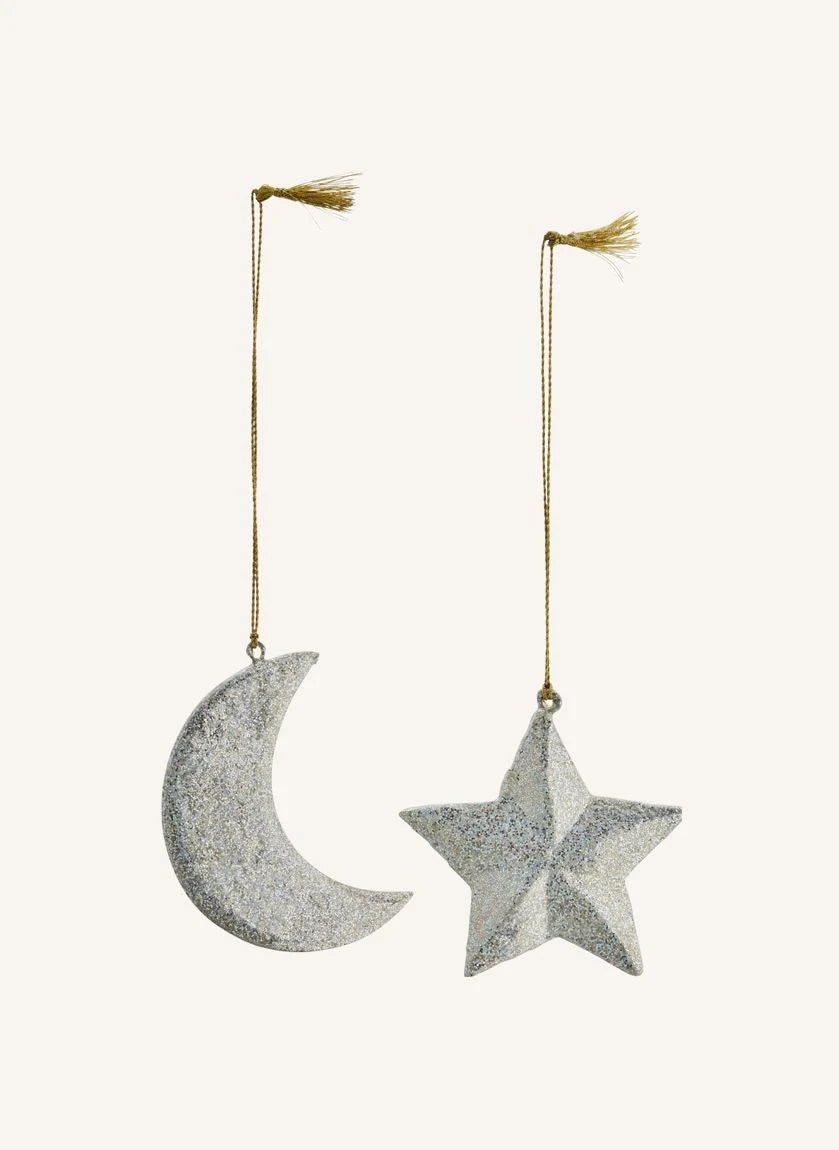 Madam Stoltz - Papiermaschee Mond und Stern Weihnachtsdekoration - 2er Set | Silber