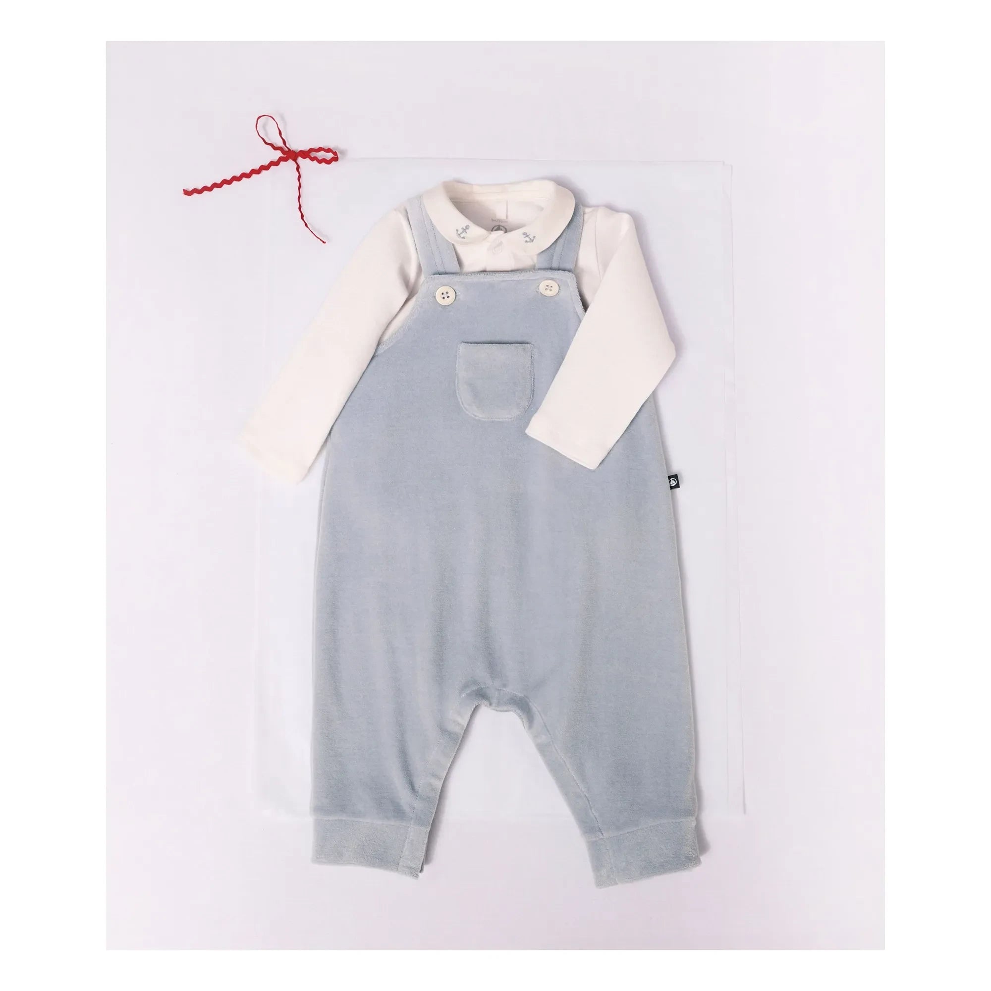 Petit Bateau - Organik pamuk kadife salopet ve body seti | Gri mavi