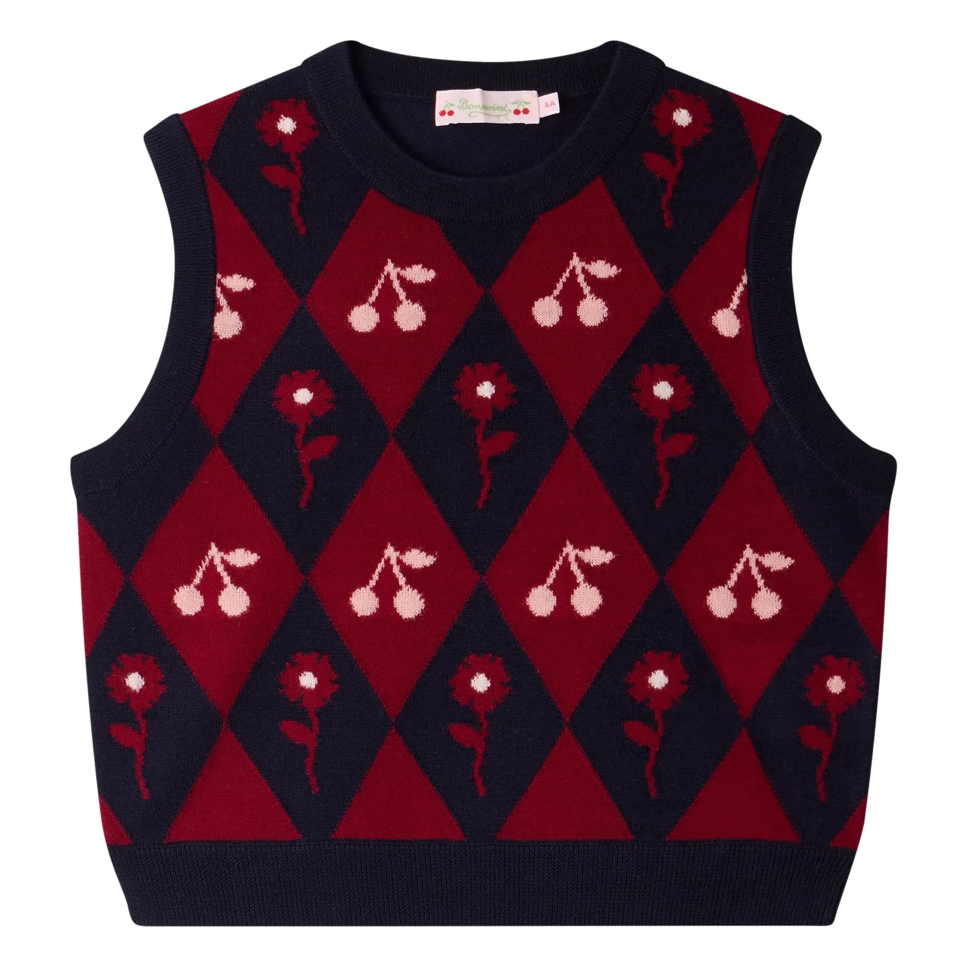 Bonpoint - Maelle Wollpullover mit Kirschmuster, ärmellos | Marineblau