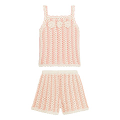 Louise Misha - Gestreiftes Lary-Set mit Ajourmuster aus Oberteil und Shorts | Rosa